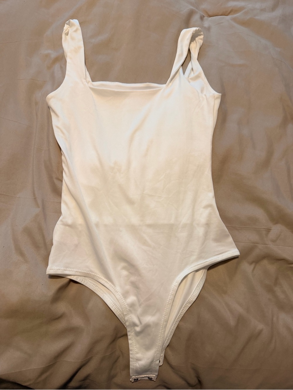 Fashion Nova White Square Neck Bodysuit - Thick Straps - Size S/M - Snap Closure